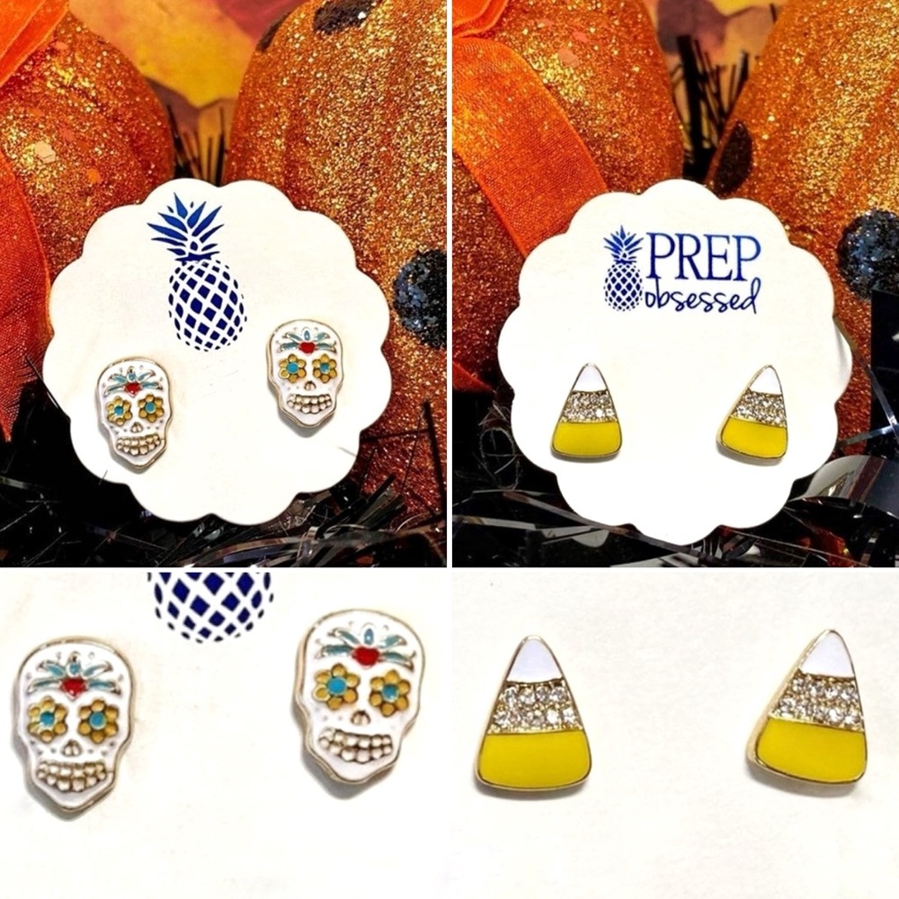 Halloween Fall Fun Candy Corn / Sugar Skull Enamel Hypoallergenic Stud Earrings